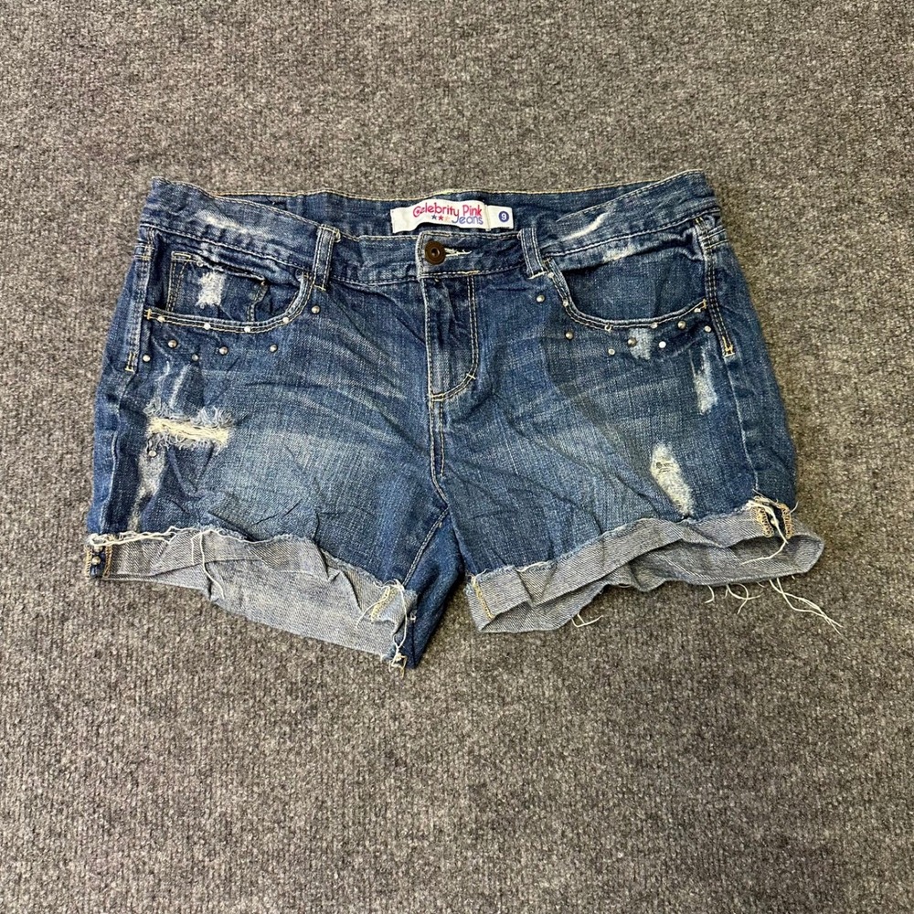 Celebrity Pink Denim Shorts Womens Size 9 Blue Distressed Studded Cuffed Cotton